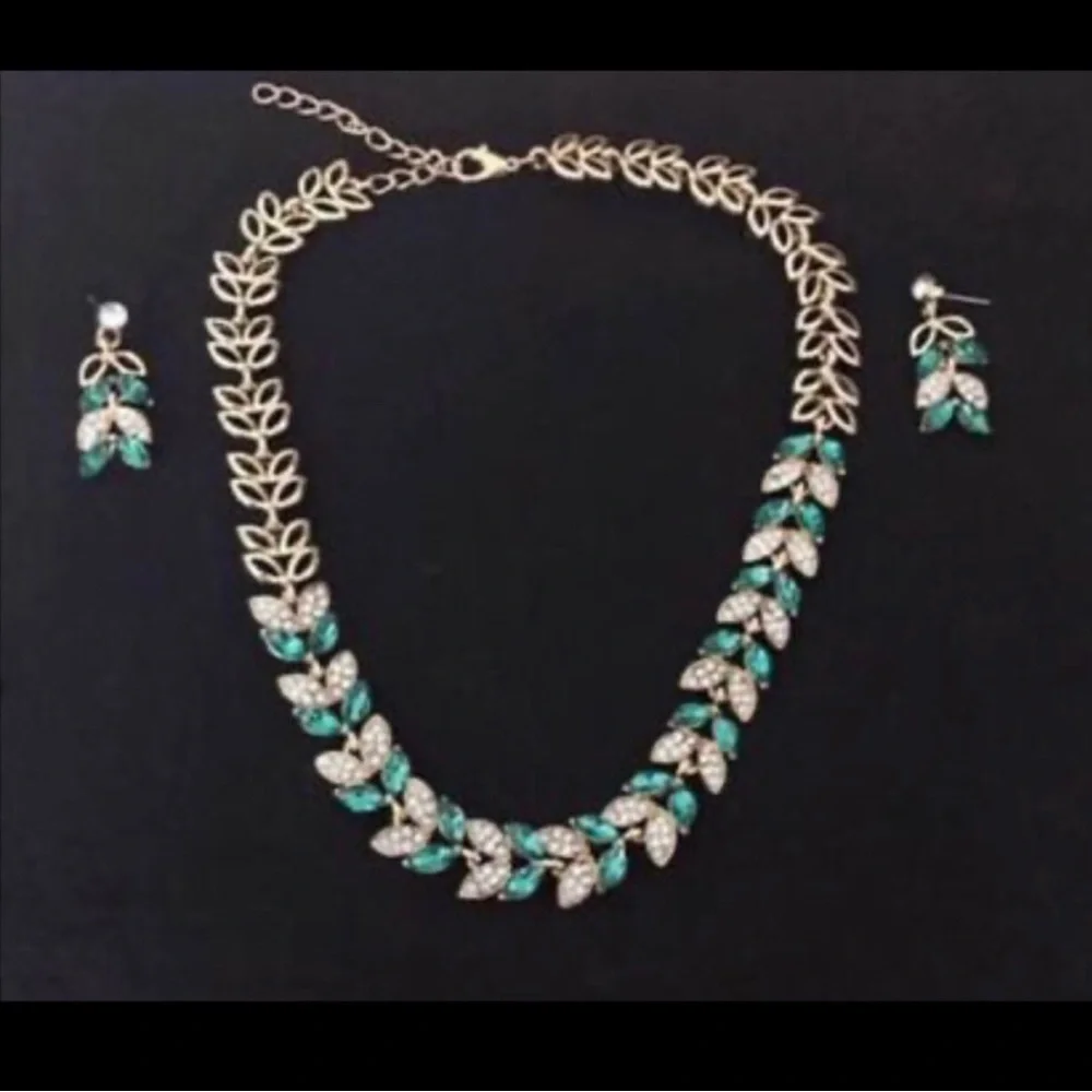 Gold Leaf Necklace and Earrings Set with Teal and Clear Stones